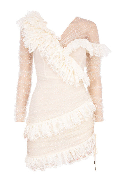 Women's Mini Dress - Off-Shoulder - Tailored - Mesh with Dots - Ruffles and Lace Trim