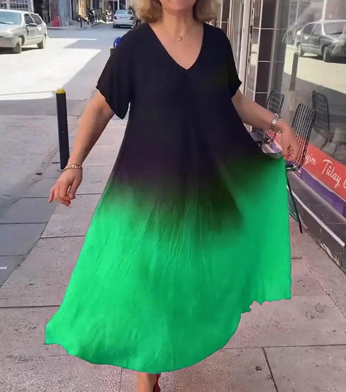 Women's Dress – Loose Fit – V-Neck – Knee Length – Short Sleeves – Soft Drape