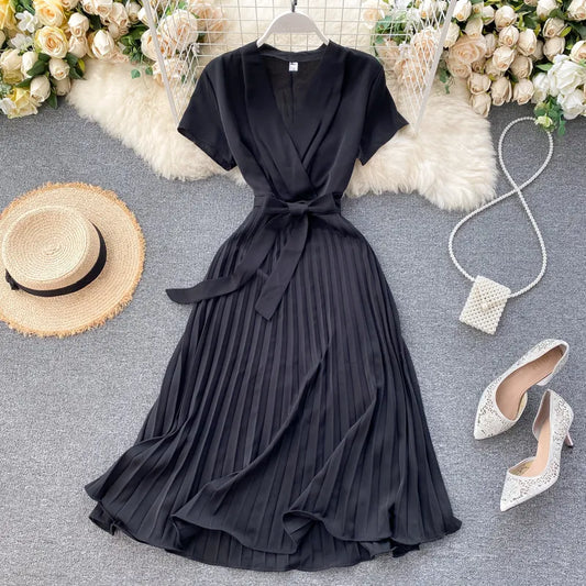 Women's Dress - V-neck Wrap Design - Waistband - Short Sleeves - Pleated Midi Length