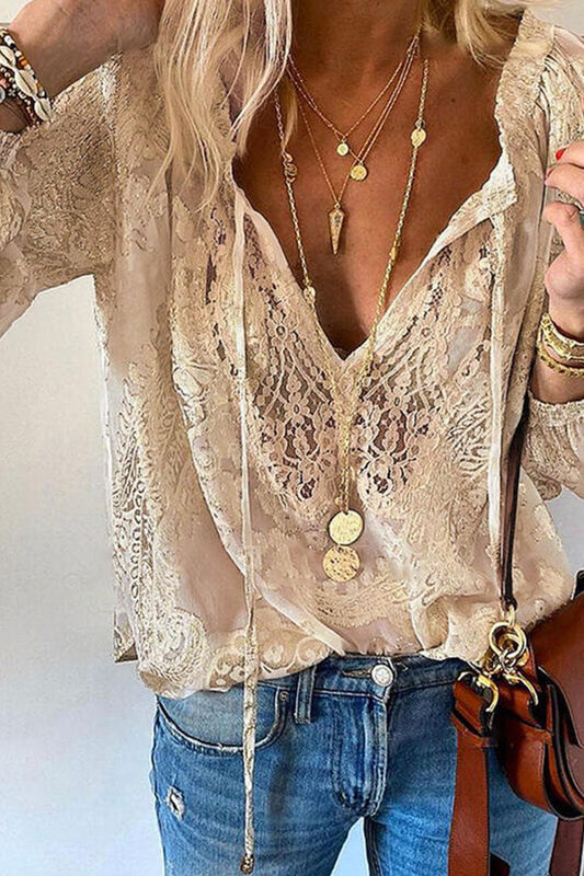 Women's Blouse - Elegant Lace - V-neck - Long Sleeve Loose Fit