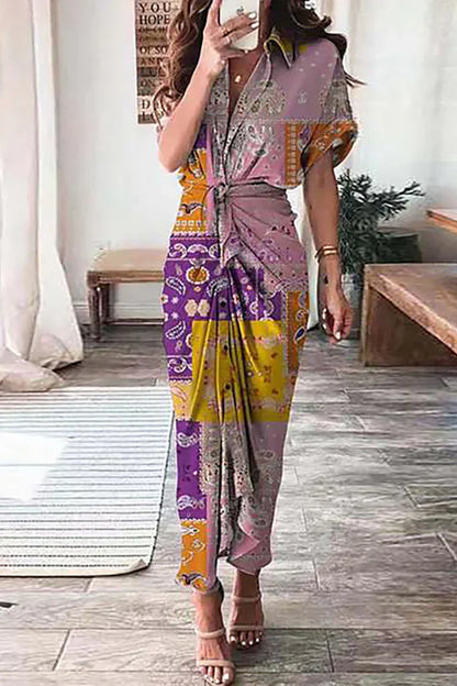 Women's Maxi Dress – Short Sleeve – Shirt Collar – Bohemian Patchwork – Knotted Waist