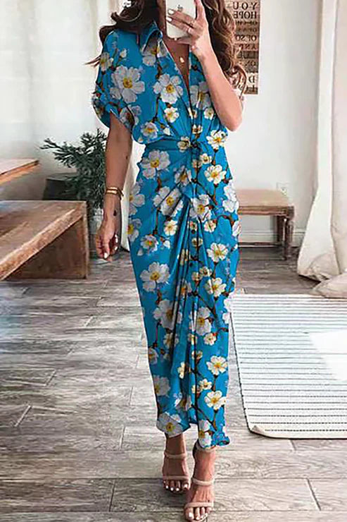Women's Maxi Dress – Short Sleeve – Shirt Collar – Bohemian Patchwork – Knotted Waist