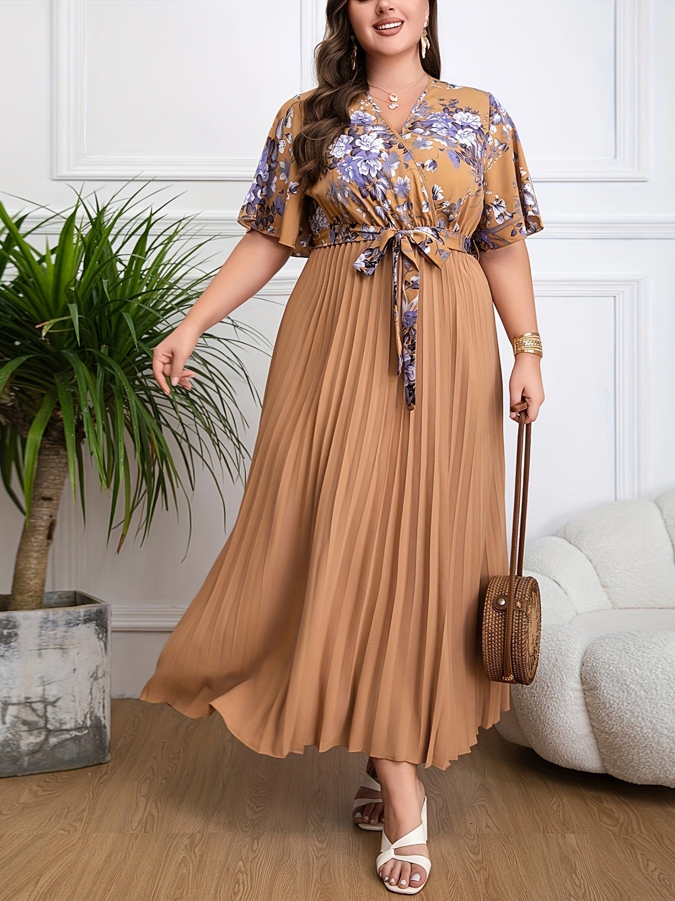 Women's Maxi Dress – V-Neck Wrap – Belted Waist – Short Sleeves – Pleated Skirt