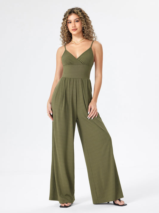 Women's Jumpsuit - Sleeveless with Spaghetti Straps - V-Neck - Fitted Waist - Wide Legs