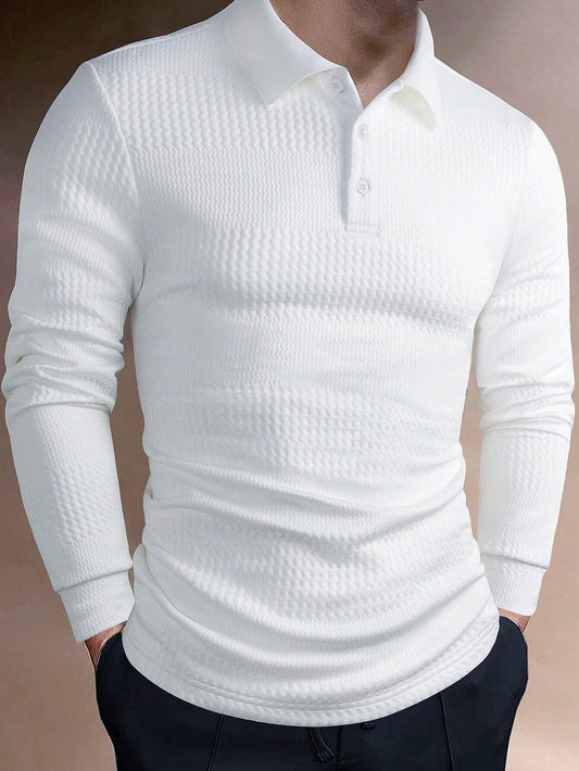 Men's Polo Shirt - Textured Knit - Long-Sleeved - Classic Collar with Buttons