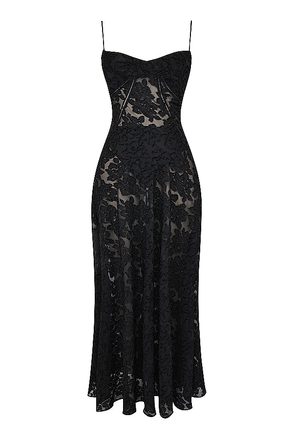 Women's Maxi Dress – Spaghetti Straps – Embroidered Lace – Elegant Long Silhouette