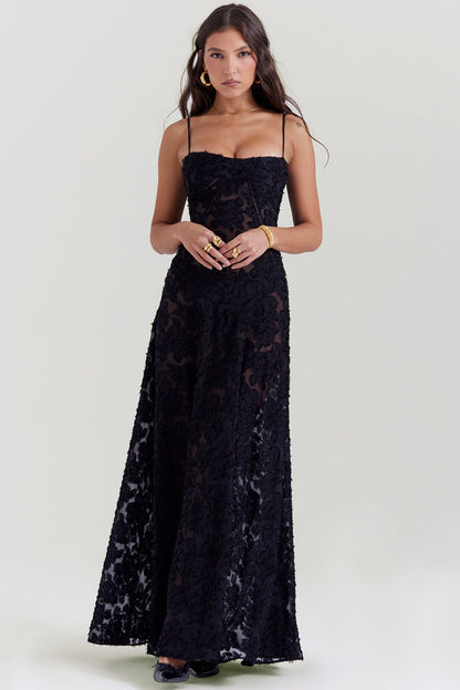 Women's Maxi Dress – Spaghetti Straps – Embroidered Lace – Elegant Long Silhouette