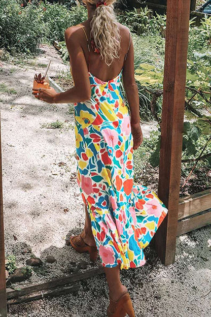 Monica - Meridress Floral Print V-neck Maxi Dress with Straps
