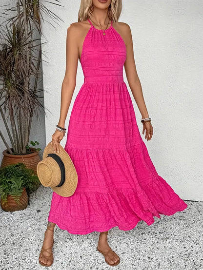 Women's Halterneck Dress - Sleeveless - Ankle Length - Flowing Layered Design