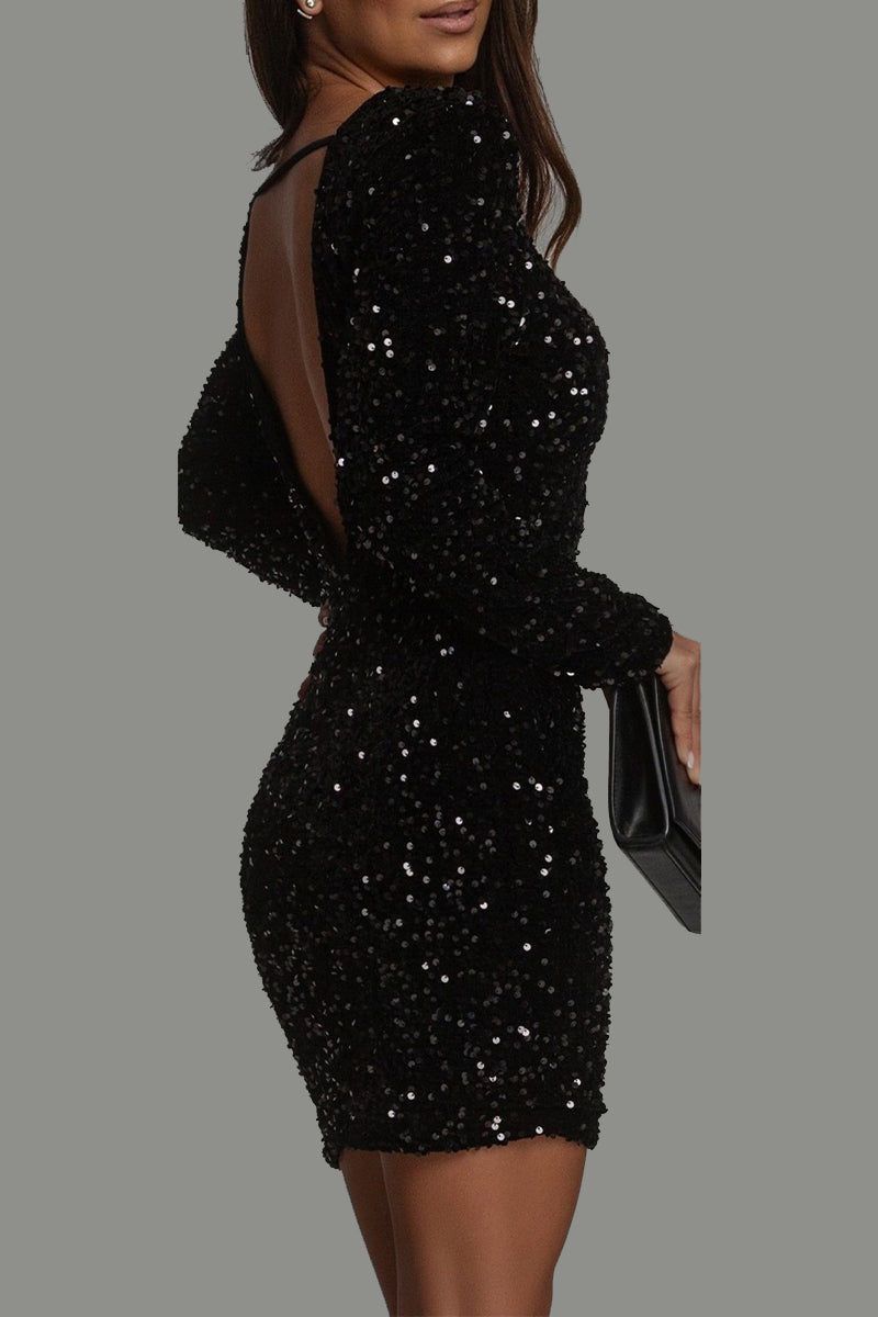 Women's Sequin Mini Dress - Bodycon - Open Back - Long Sleeves - Party Dress