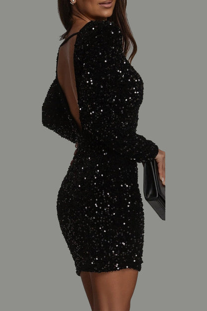 Women's Sequin Mini Dress - Bodycon - Open Back - Long Sleeves - Party Dress