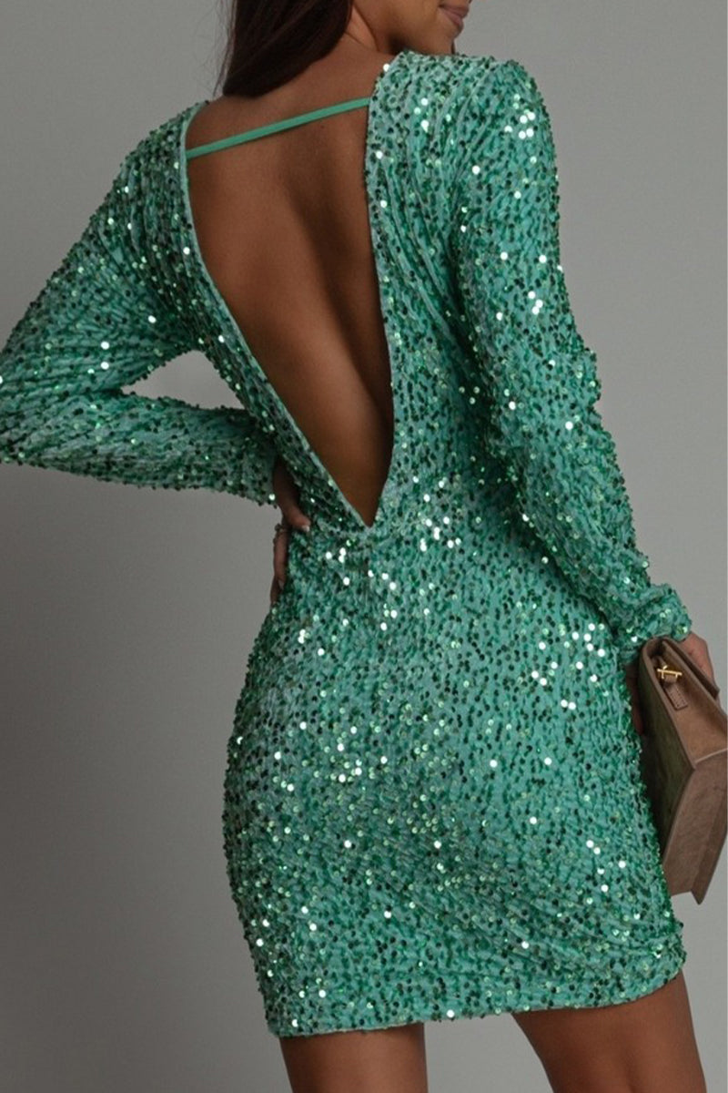 Women's Sequin Mini Dress - Bodycon - Open Back - Long Sleeves - Party Dress