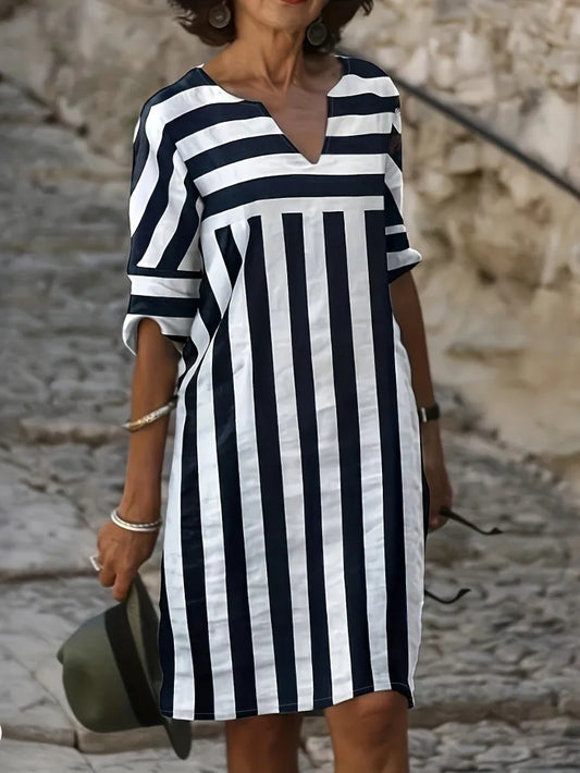 Women's Dress - Loose Fit - V-Neck - Mid-Length Sleeves - Striped Design