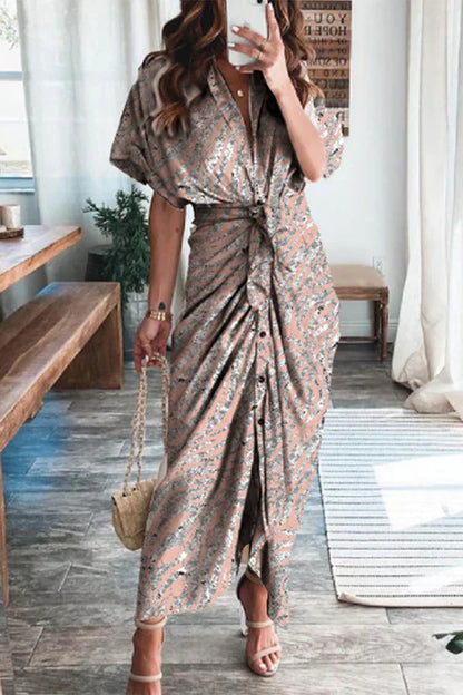 Women's Maxi Dress – Short Sleeve – Shirt Collar – Bohemian Patchwork – Knotted Waist