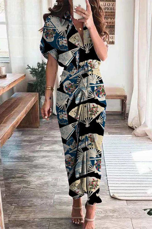 Women's Maxi Dress – Short Sleeve – Shirt Collar – Bohemian Patchwork – Knotted Waist
