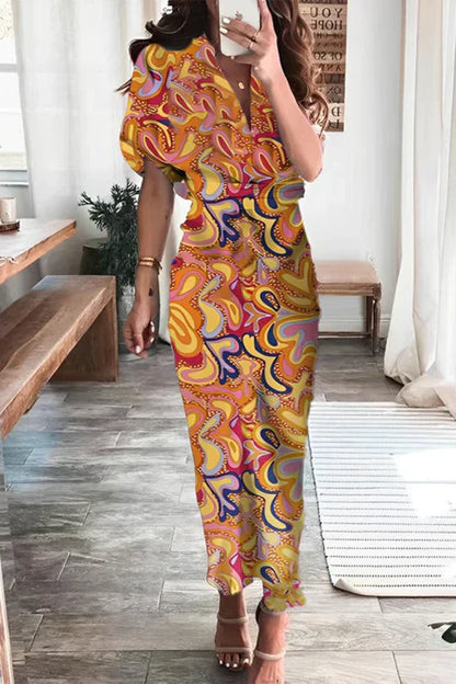 Women's Maxi Dress – Short Sleeve – Shirt Collar – Bohemian Patchwork – Knotted Waist