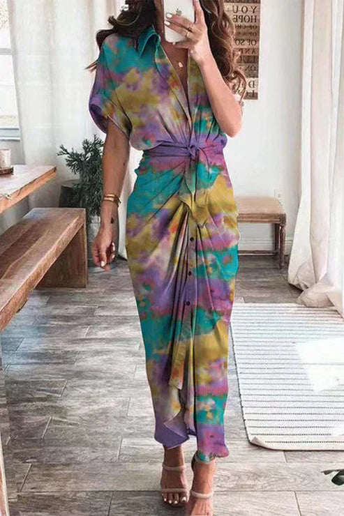 Women's Maxi Dress – Short Sleeve – Shirt Collar – Bohemian Patchwork – Knotted Waist