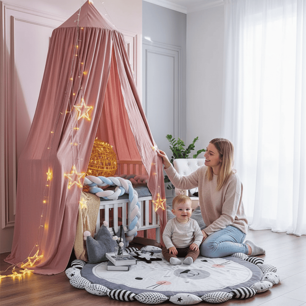 Bohemian Soft Fabric Bed Canopy with Dreamcatcher