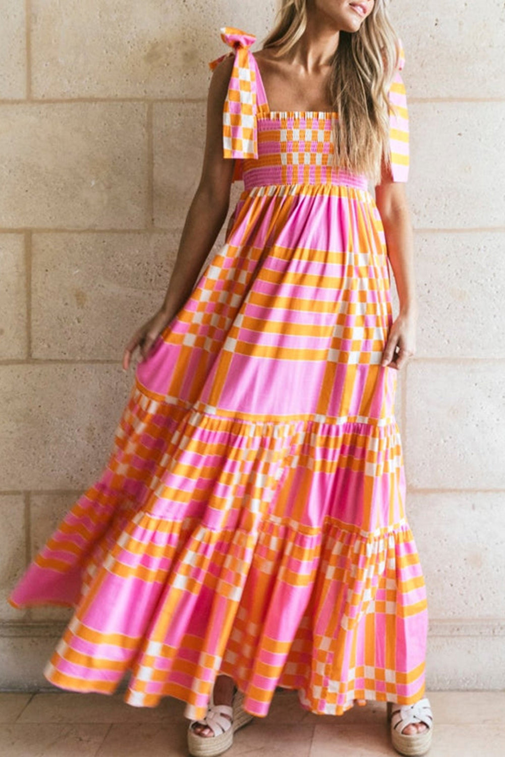 Women's Maxi Dress – A-Line Fit – Bow Straps – Lightweight Woven Fabric – Checkered Pattern