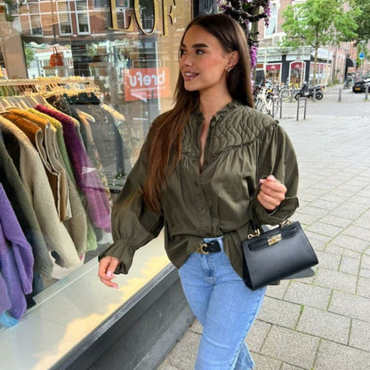 Women's Blouse - Loose Fit - Stand Collar - Long Voluminous Sleeves - Button Closure