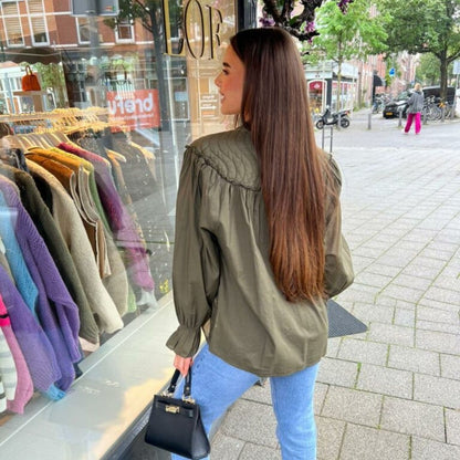 Women's Blouse - Loose Fit - Stand Collar - Long Voluminous Sleeves - Button Closure