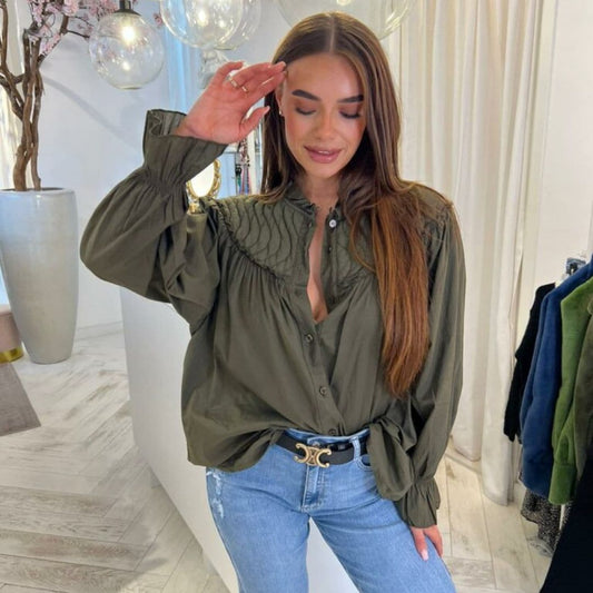 Women's Blouse - Loose Fit - Stand Collar - Long Voluminous Sleeves - Button Closure