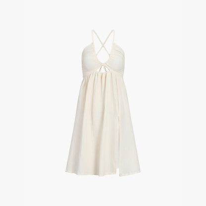 Women's Maxi Dress - Halterneck with Tie - A-Line with Cutout and Side Slit