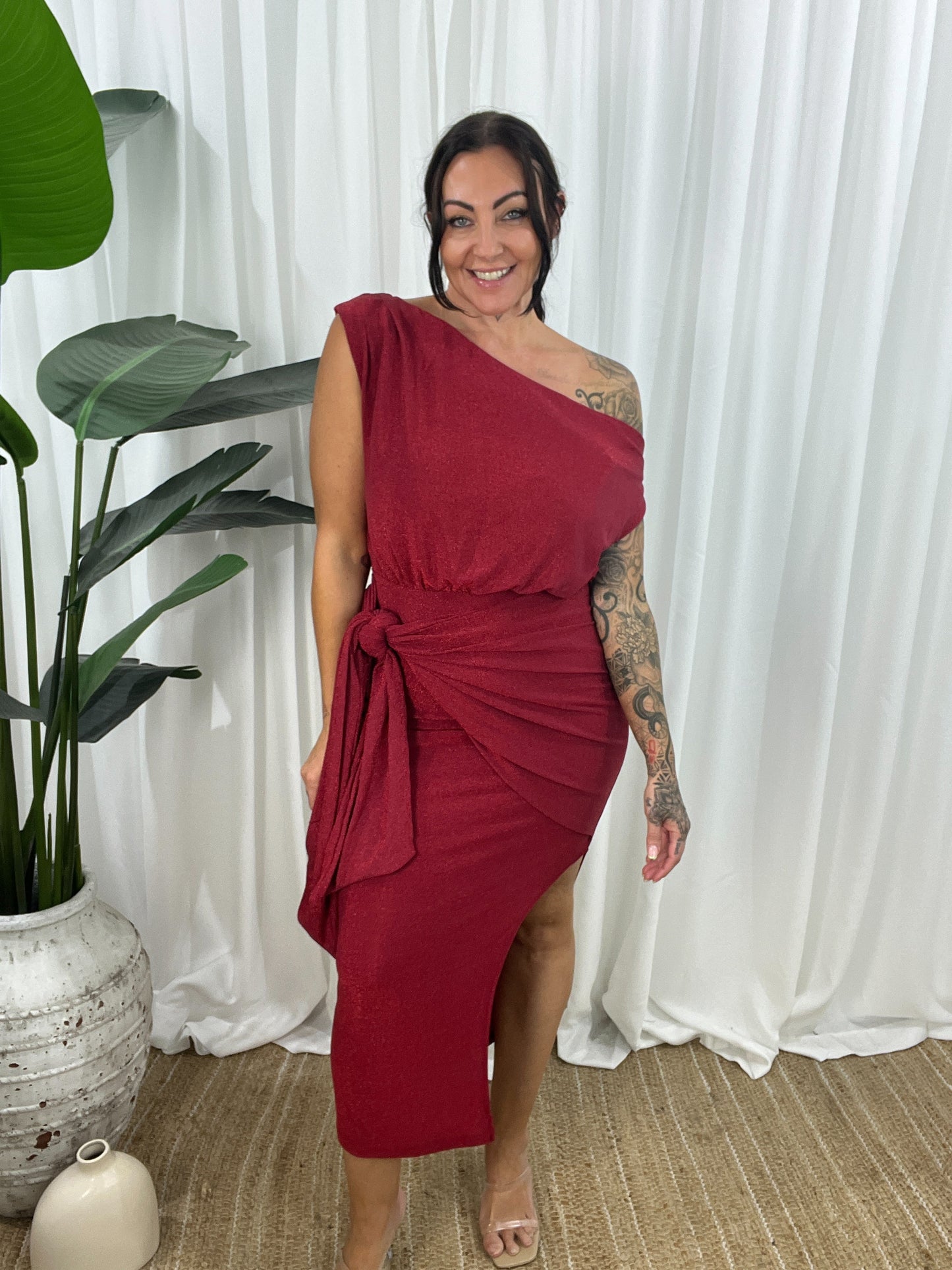 Women Dress - Asymmetric One-Shoulder - Slim Fit - Midi Length with Slit