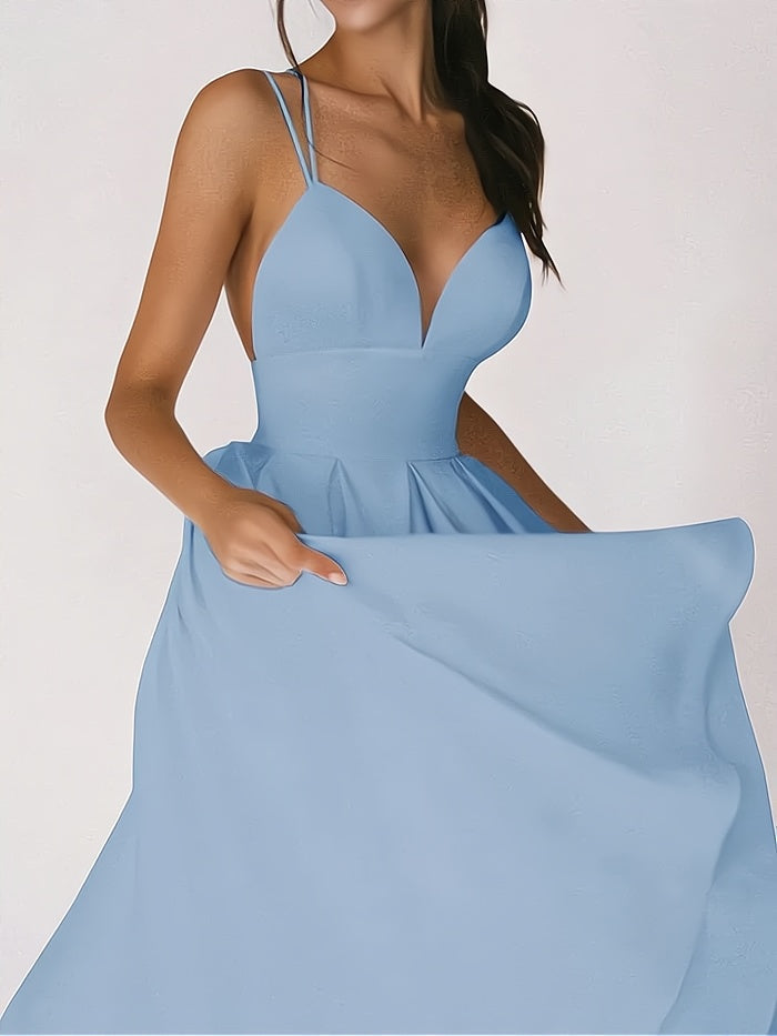 Women's Party Dress - V-Neck - Spaghetti Straps - Fitted Waist - Long A-Line Skirt