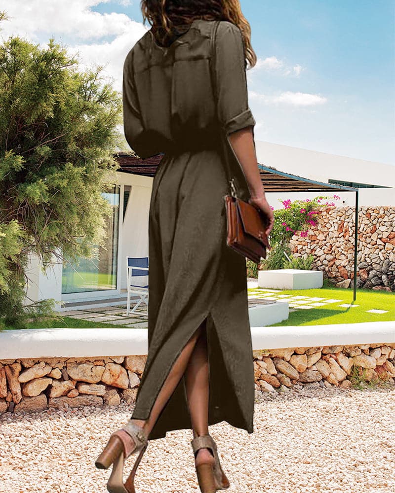 Women's Shirt Dress - Long Model - Button Closure & Tie Belt - Relaxed Fit
