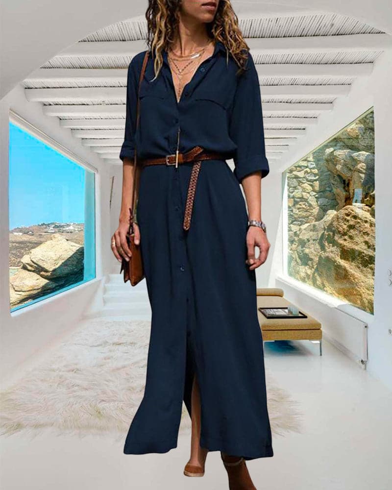 Women's Shirt Dress - Long Model - Button Closure & Tie Belt - Relaxed Fit