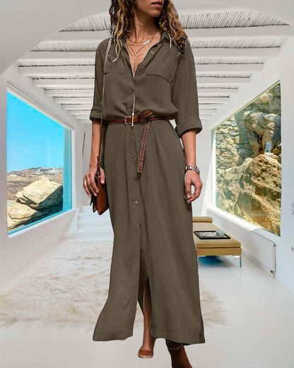 Women's Shirt Dress - Long Model - Button Closure & Tie Belt - Relaxed Fit