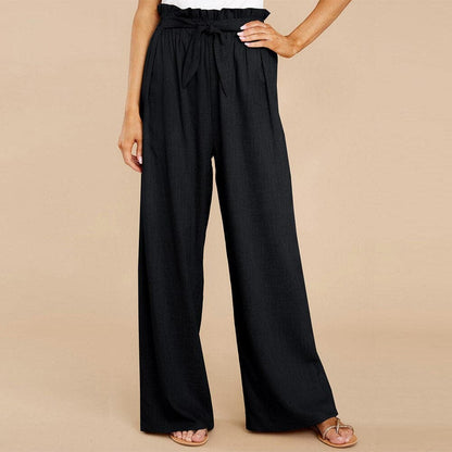 Women's Pants - High-Waisted Wide-Leg - Paperbag Waist with Tie Belt - Loose-Fitting Comfort