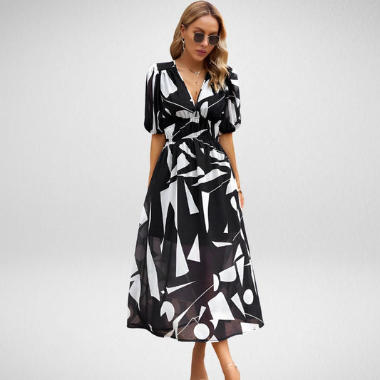 Women's Midi Dress - V-Neck - Short Puff Sleeves - A-line Fit - Abstract Print