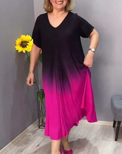 Women's Dress – Loose Fit – V-Neck – Knee Length – Short Sleeves – Soft Drape