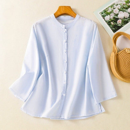 Relaxed Fit Band Collar Button Front Blouse for Women – Casual Stylish Comfort