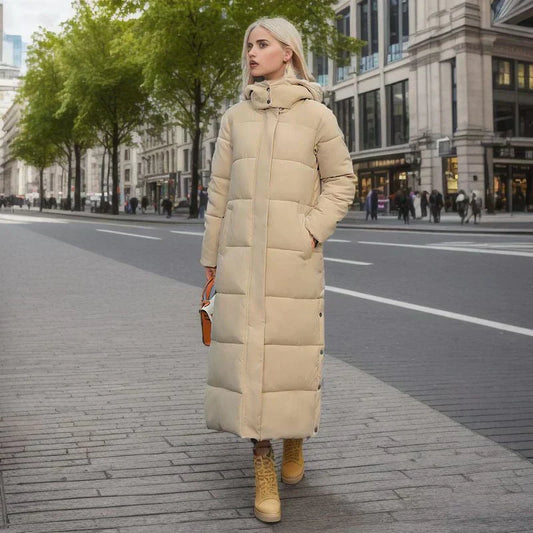 Women's Long Padded Coat - Quilted Design - High Collar - Warm and Water-Resistant
