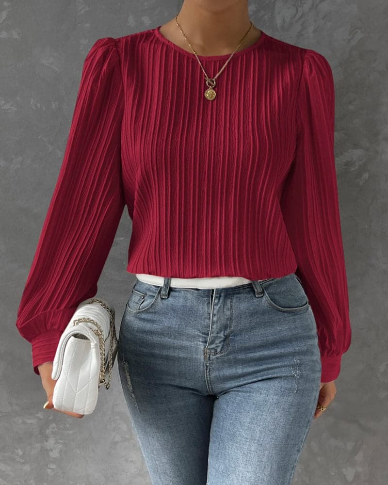 Women's Blouse - Long Sleeved with Puff Sleeves - Textured Pleated Design - Round Neck