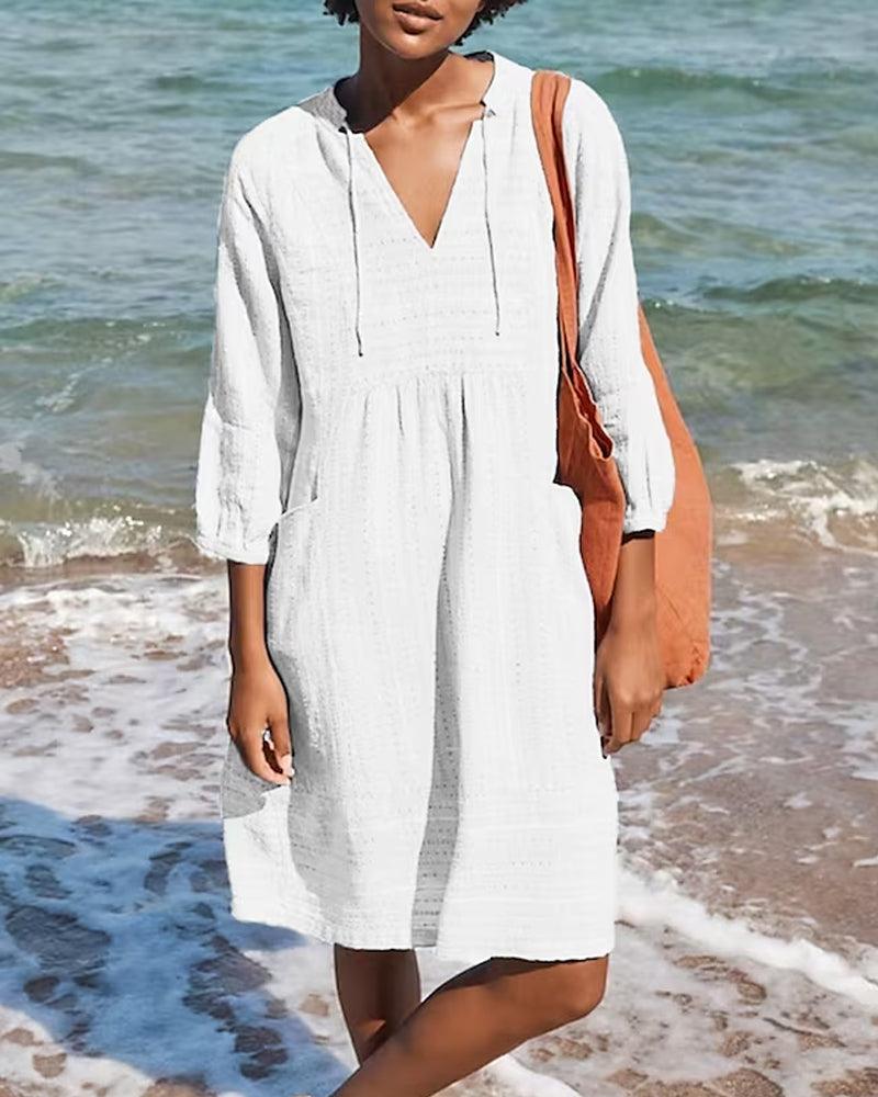 Women's Dress - Light and Breathable - Loose Fit - 3/4 Sleeves - V-neck with Tie