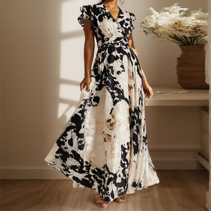 Women's Maxi Dress – Elegant Cut – Woven in Light Material – Short Sleeve – Party Ready