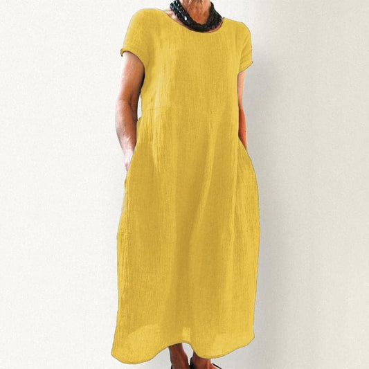 Women's Maxi Dress - A-line Fit - Short Sleeved with Round Neck - Breathable Cotton with Side Pockets