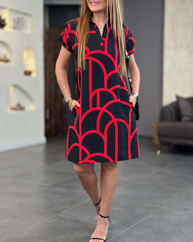 Women's Shirt Dress - Short-Sleeved - Geometric Pattern - Relaxed Fit