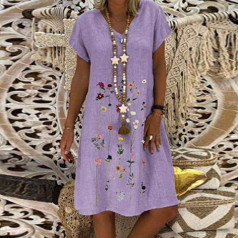 Women's Dress - Loose Fit - Short Sleeves - Light and Breathable Linen - Embroidered Design