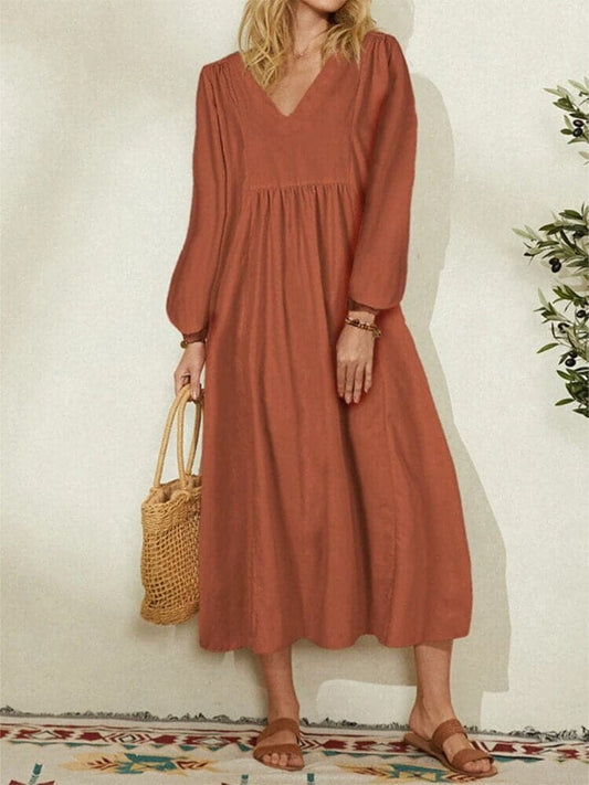 Women's Maxi Dress - Light and Breathable - V-neck - Long Sleeves - Empire Waist