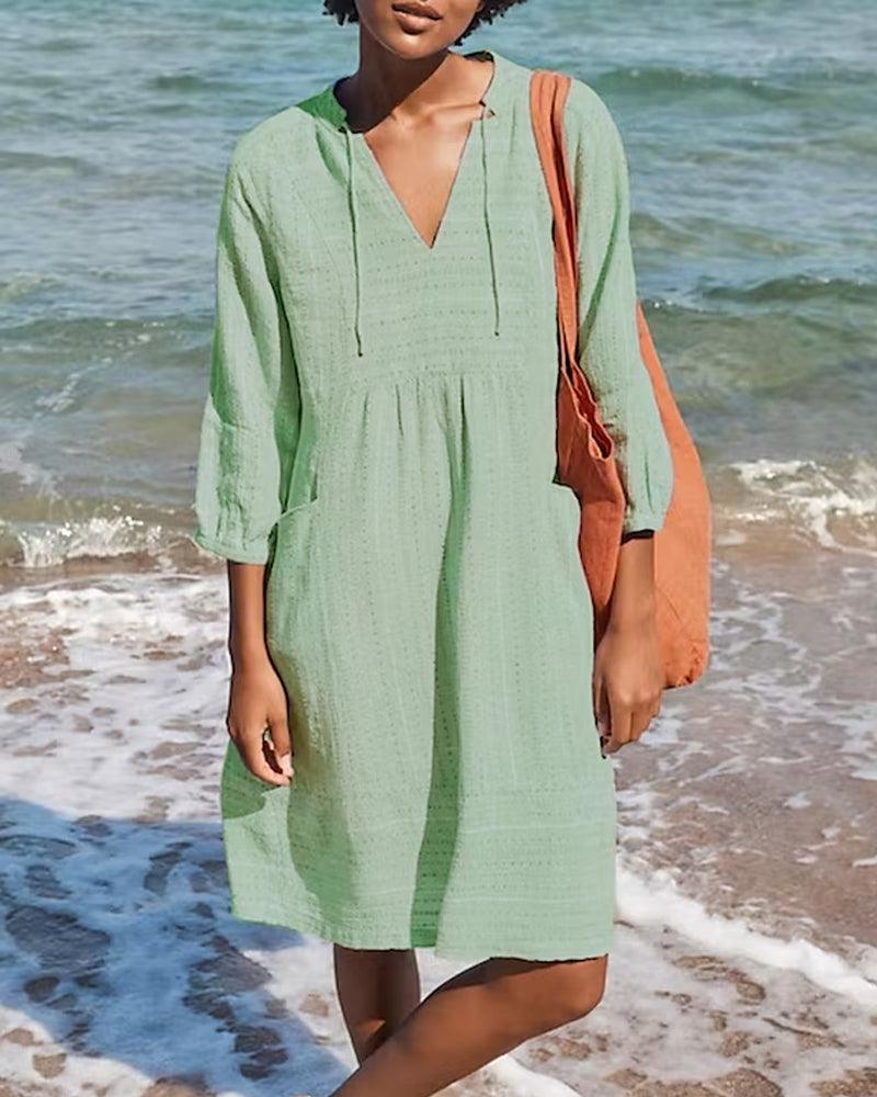 Women's Dress - Light and Breathable - Loose Fit - 3/4 Sleeves - V-neck with Tie