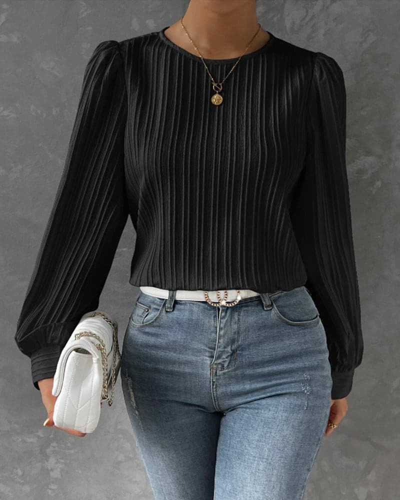 Women's Blouse - Long Sleeved with Puff Sleeves - Textured Pleated Design - Round Neck