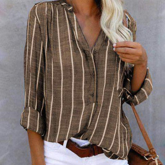 Women's Blouse - Striped - Light and Breathable - V-neck with Buttons - Long-sleeved Casual Fit