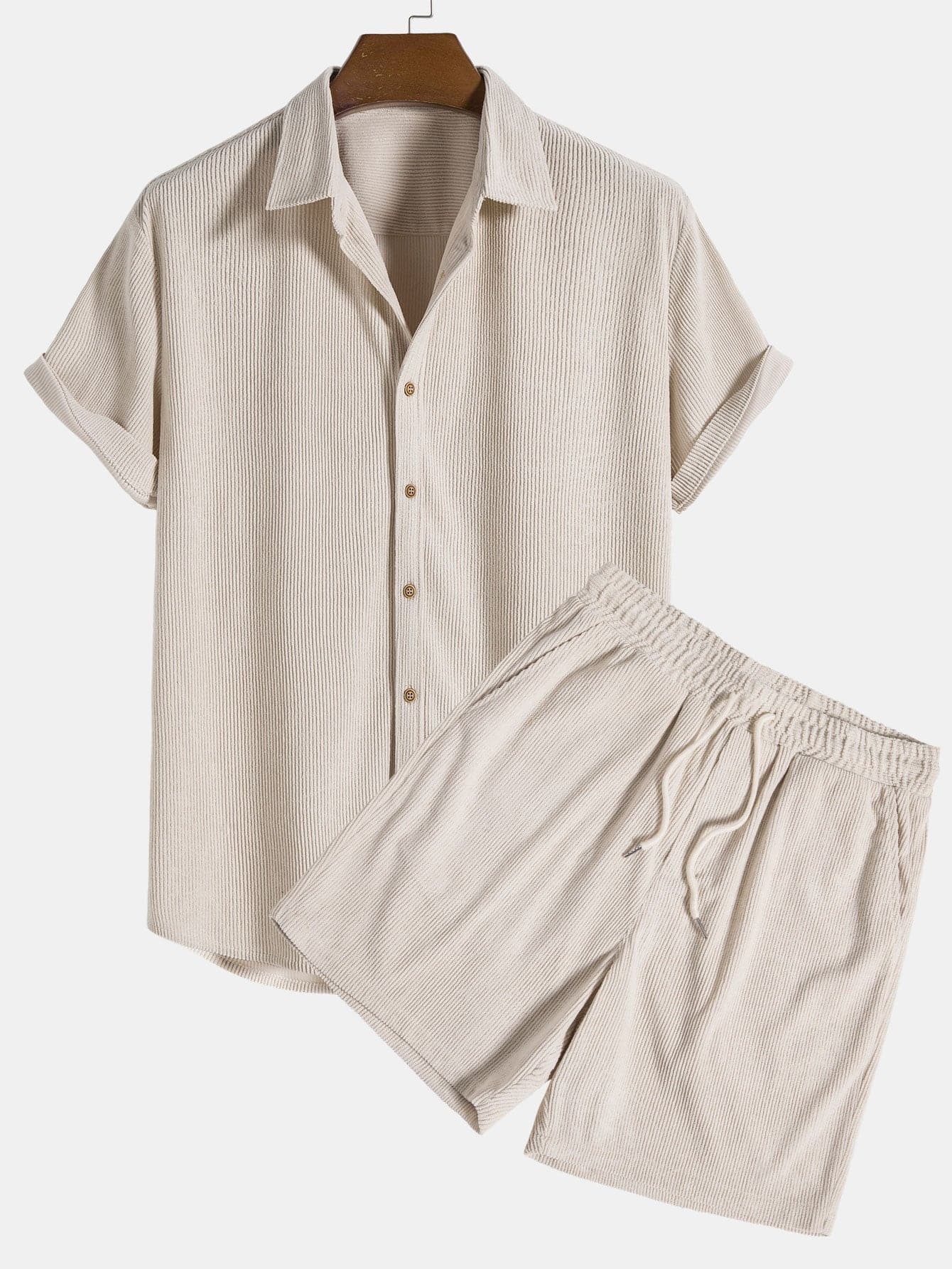 Men's Set - Short-Sleeved Shirt & Shorts - Button Closure - Elastic Waist - Ribbed Texture