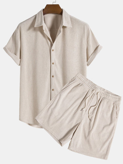Men's Set - Short-Sleeved Shirt & Shorts - Button Closure - Elastic Waist - Ribbed Texture