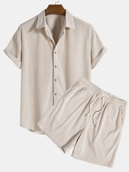 Men's Set - Short-Sleeved Shirt & Shorts - Button Closure - Elastic Waist - Ribbed Texture